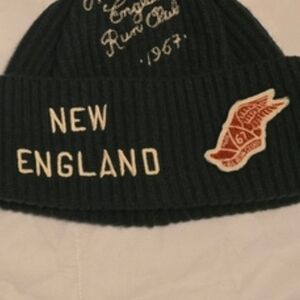 NEW ENGLAND Embroidered Rib Beanie in Dark Green with Cream Lettering